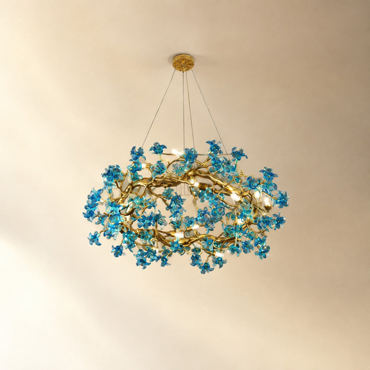 Blue Glass Floral Branch Chandelier with Gold Finish