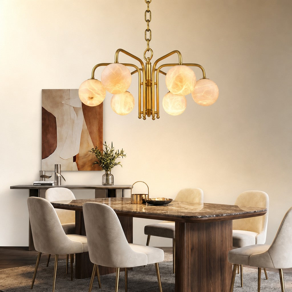 Brass 6-orb Alabaster Pendant Light