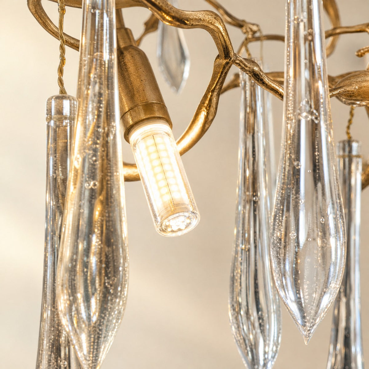 Brass Branch Chandelier with Cascading Clear Crystal Raindrops