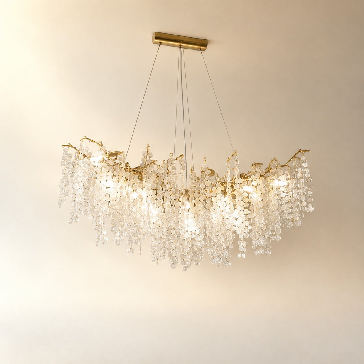 Brass Branch Chandelier with Frosted Glass Leaf Accents