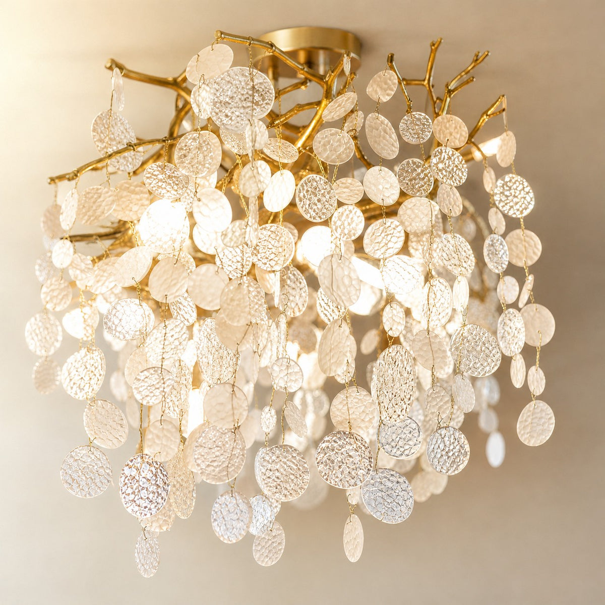 Brass Branch Chandelier with Frosted Glass Leaf Accents