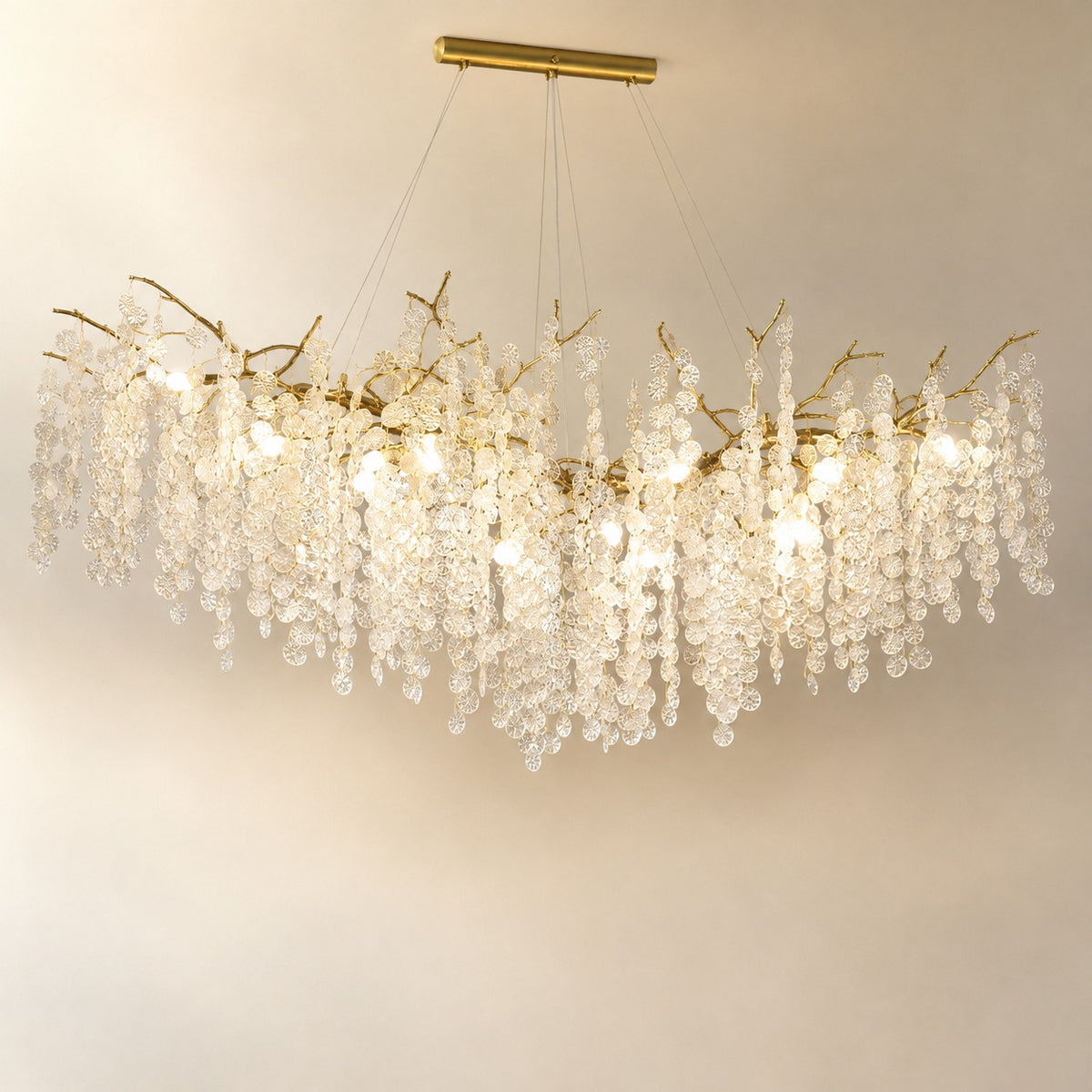Brass Branch Chandelier with Frosted Glass Leaf Accents