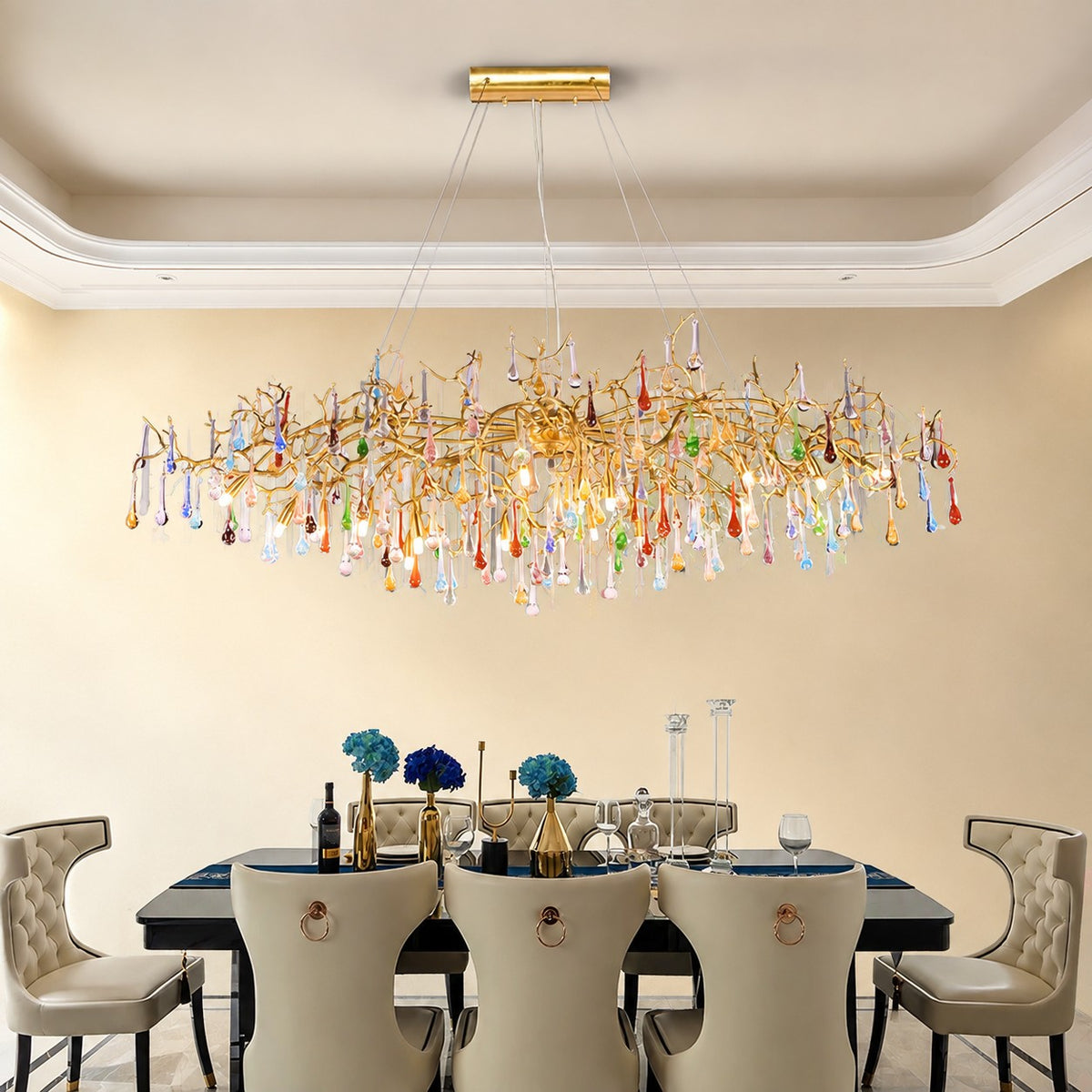 Colorful Raindrop Brass Branch Chandelier with Crystal Accents