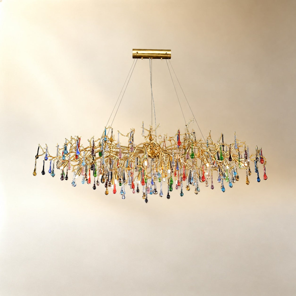 Colorful Raindrop Brass Branch Chandelier with Crystal Accents