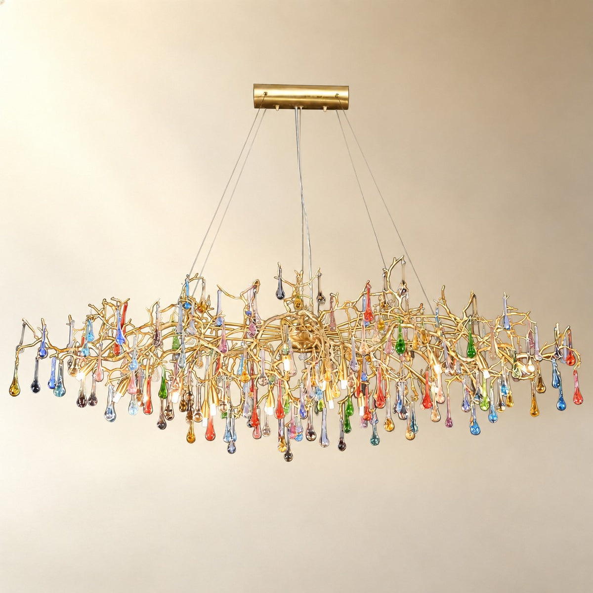 Colorful Raindrop Brass Branch Chandelier with Crystal Accents