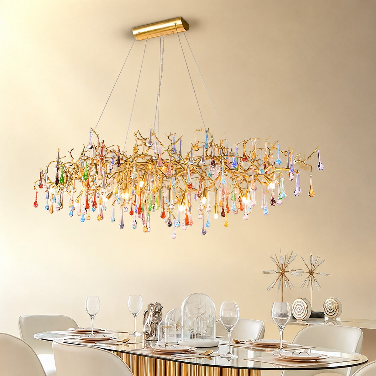 Colorful Raindrop Brass Branch Chandelier with Crystal Accents