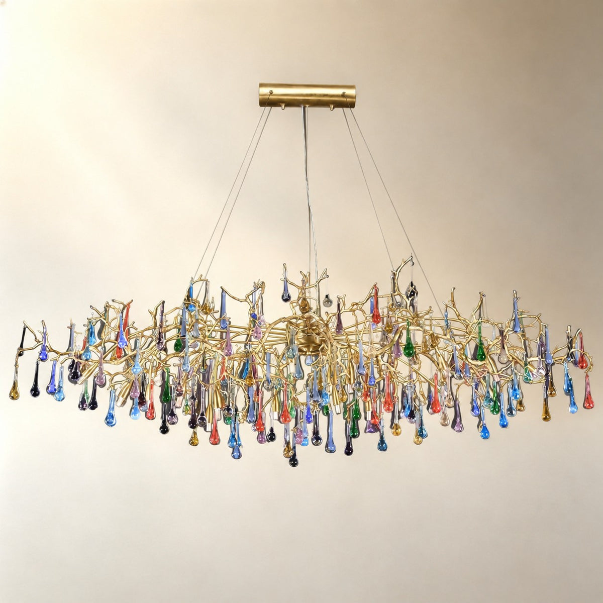 Colorful Raindrop Brass Branch Chandelier with Crystal Accents