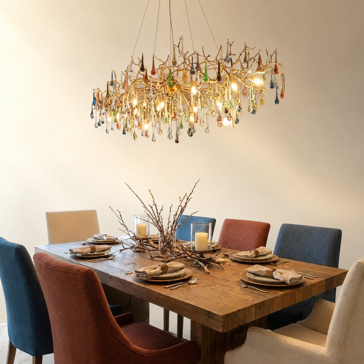 Colorful Raindrop Brass Branch Chandelier