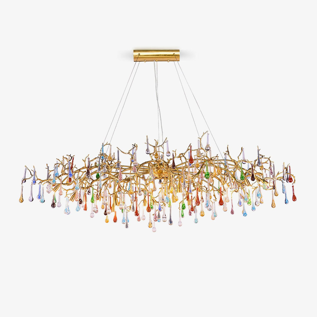 Colorful Raindrop Brass Branch Chandelier with Crystal Accents
