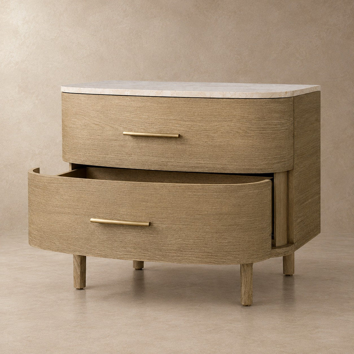 Two-Drawer Marble Top Bedside Table With Brass Pulls
