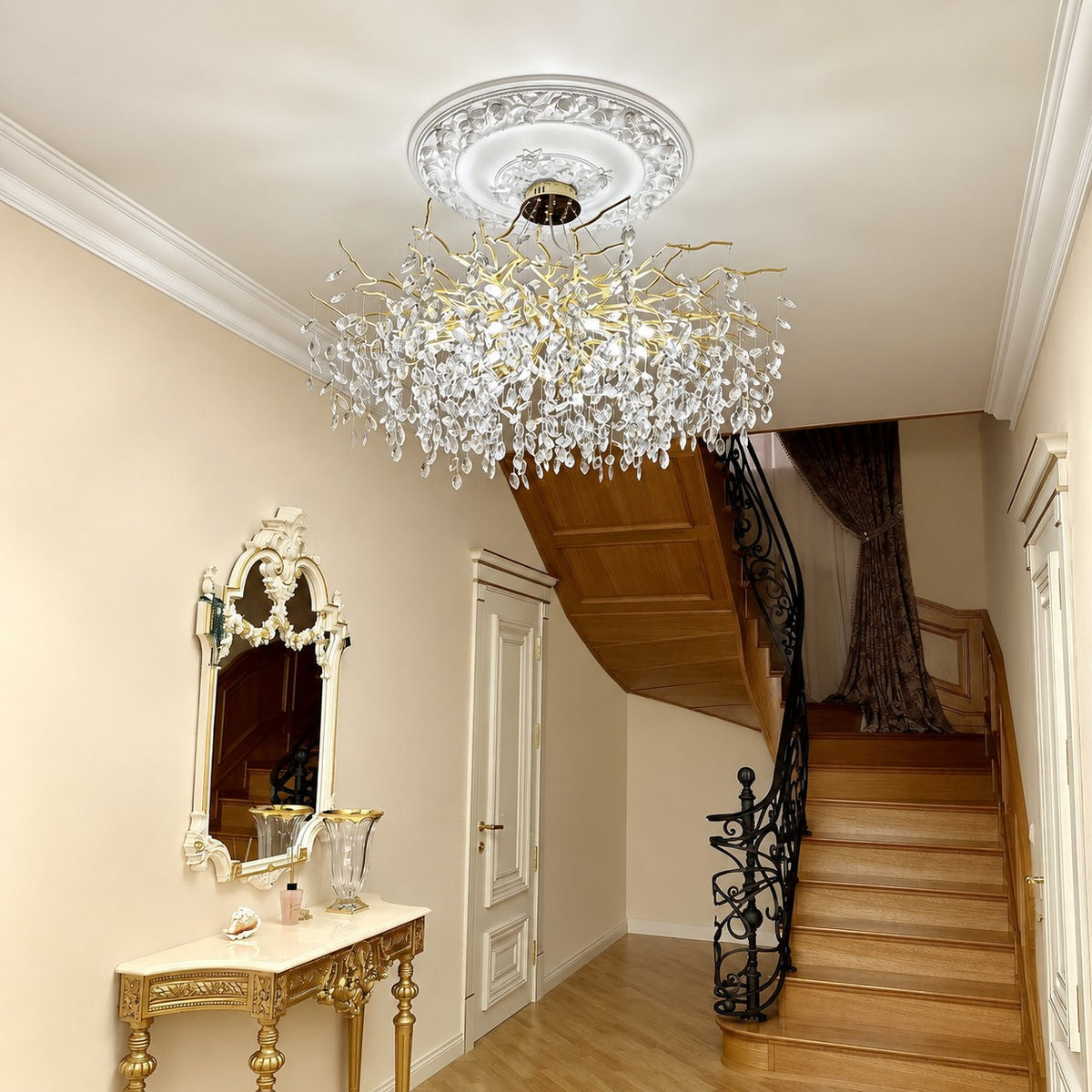 French Branch Crystal Chandelier with Elegant Crystal Leaves