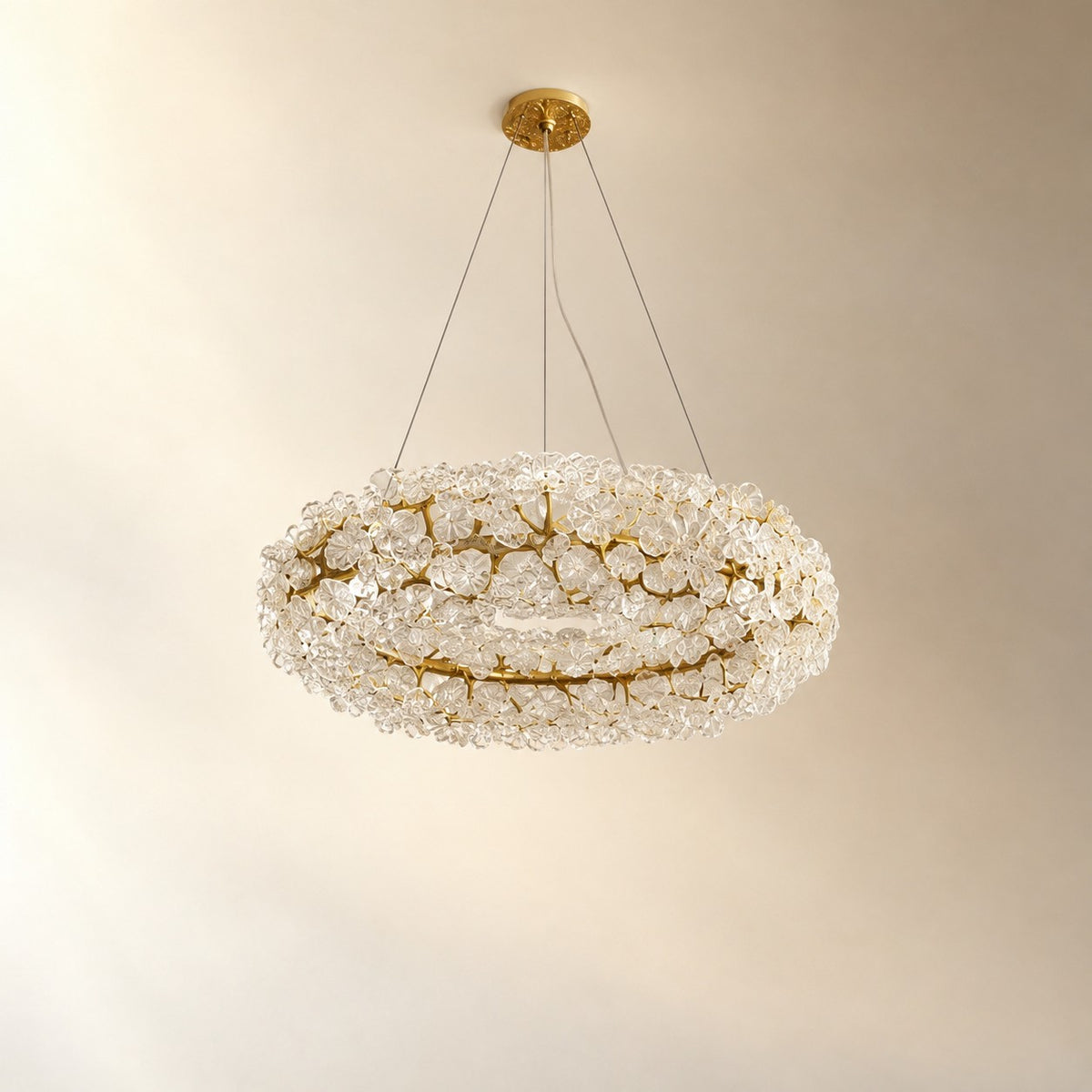Frosted Glass Leaf Halo Chandelier with Gold Branch Frame