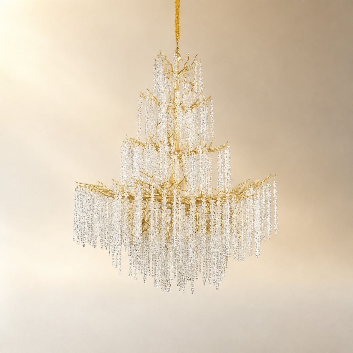 Gold Branch Chandelier with Cascading Crystal Raindrop Strands