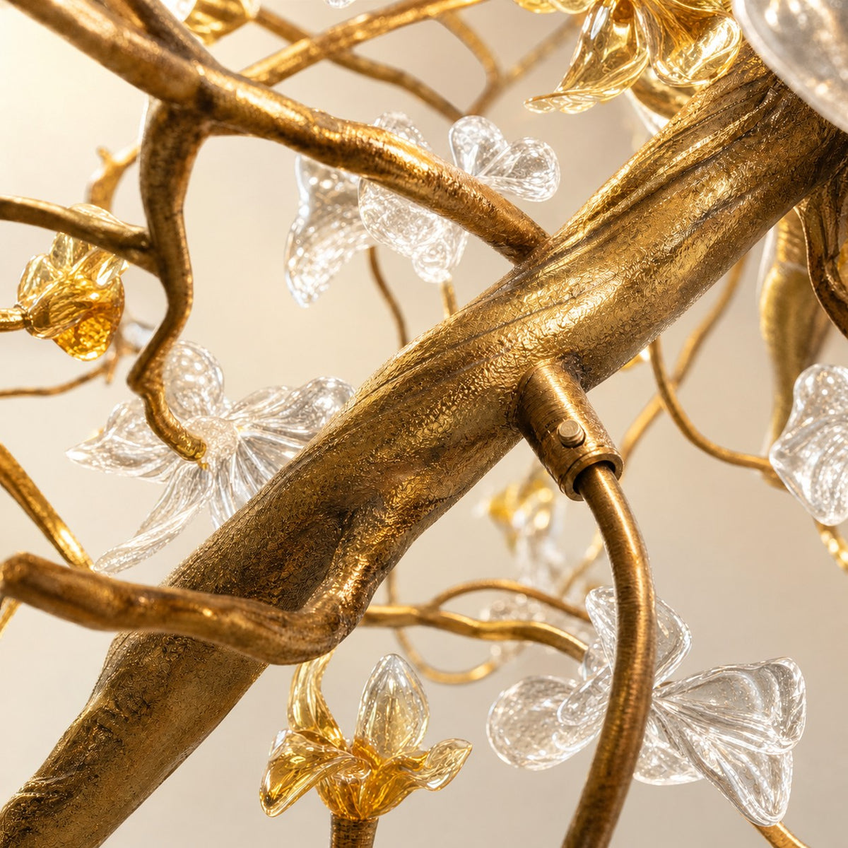 Gold Cascading Branch Chandelier with Crystal Glass Blossoms