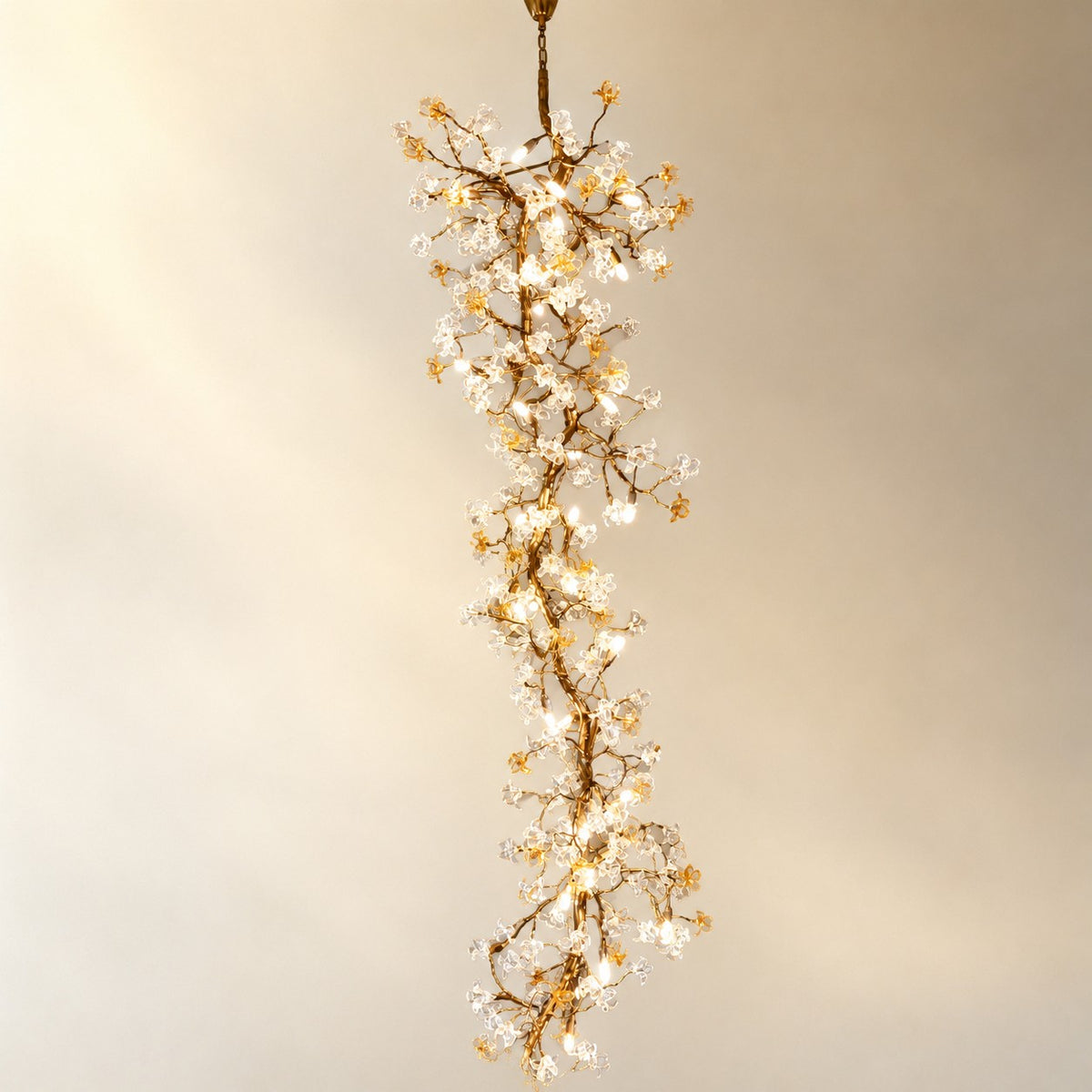 Gold Cascading Branch Chandelier with Crystal Glass Blossoms