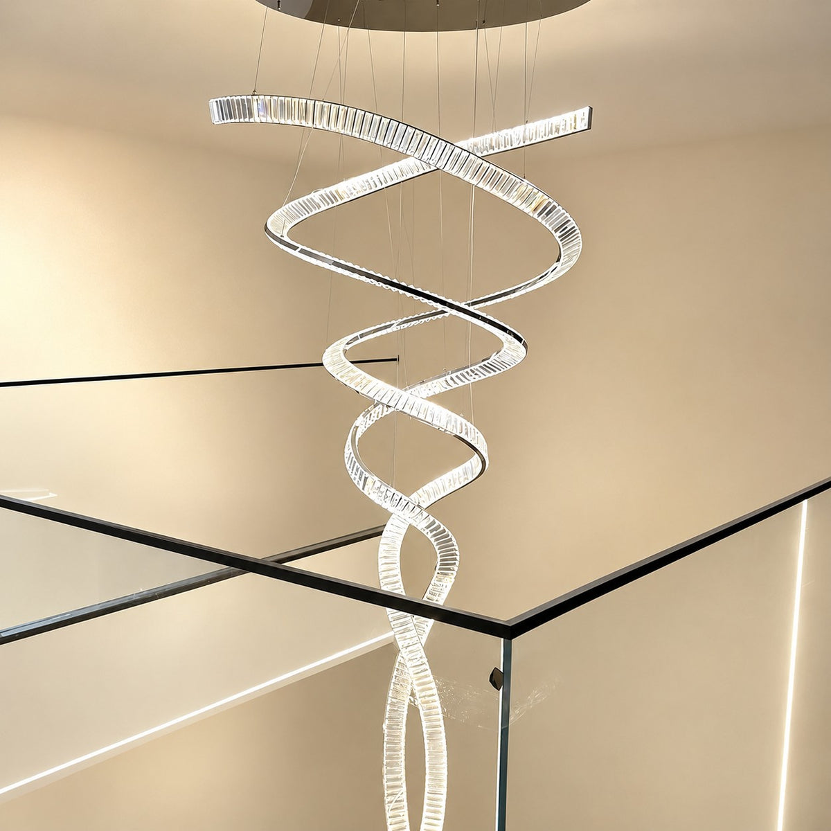 Long Spiral Crystal Chandelier with Stainless Steel Frame