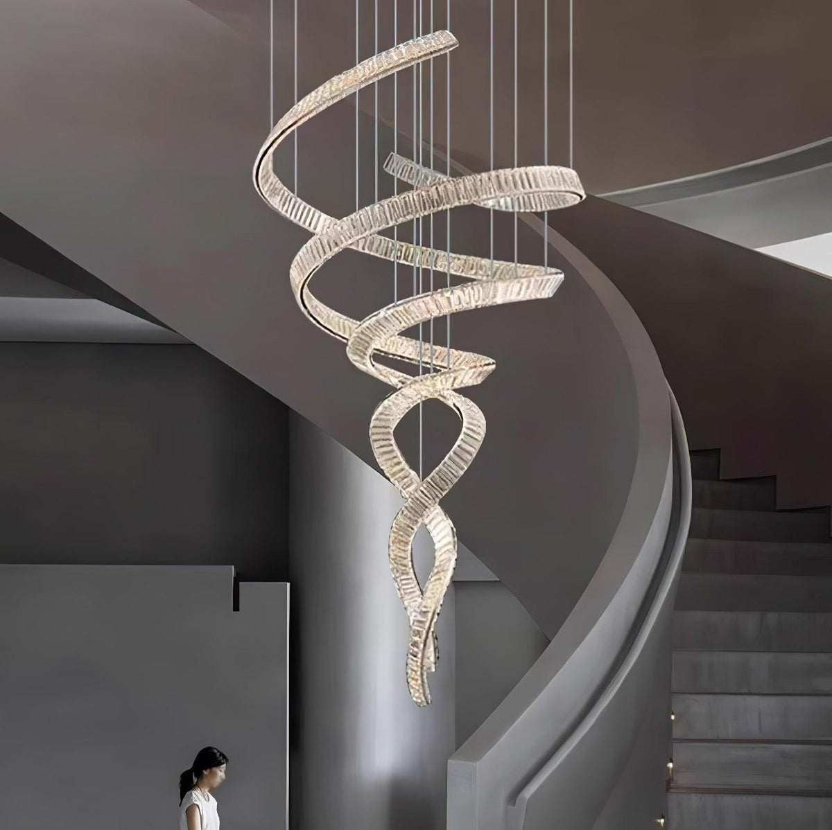 Long Spiral Crystal Chandelier with Stainless Steel Frame