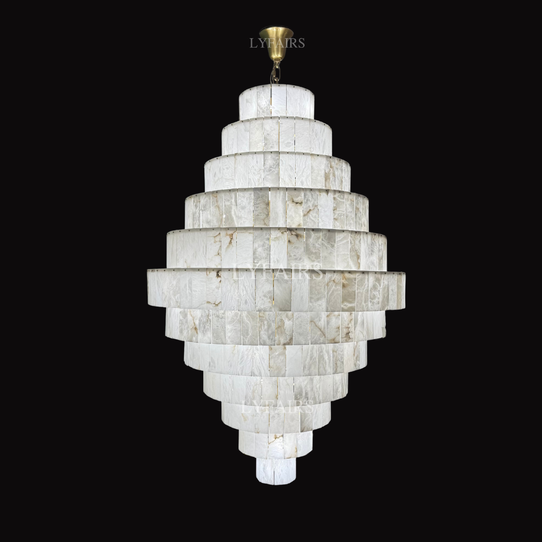 Luxury Sculpted Pyramid-Tier Alabaster Chandelier for High Ceiling