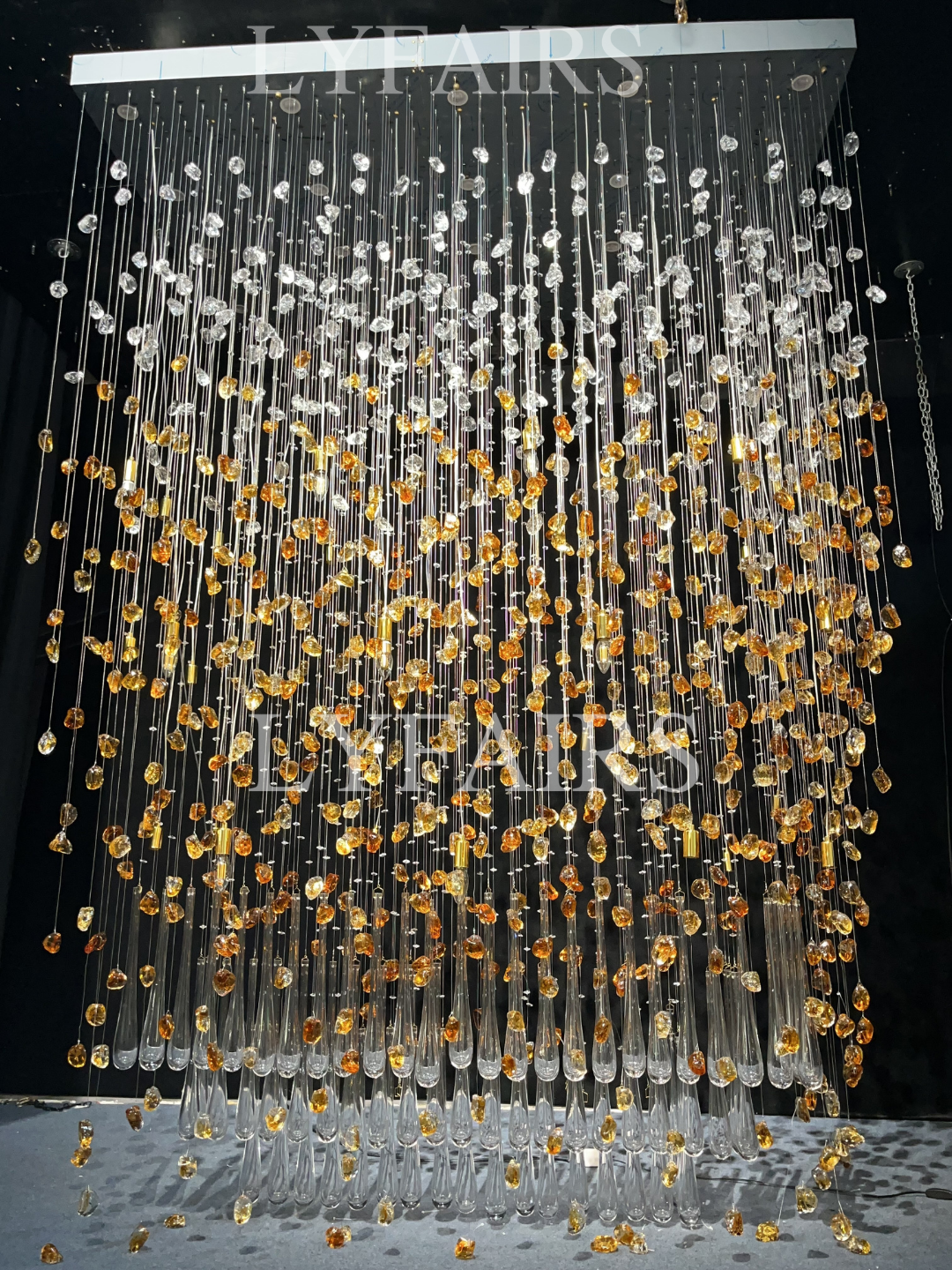 Modern Waterfall Glass Gem Stone&Teardrop Chandelier With Rectangle Canopy for Villa/Hotel/Entryway/Living Room