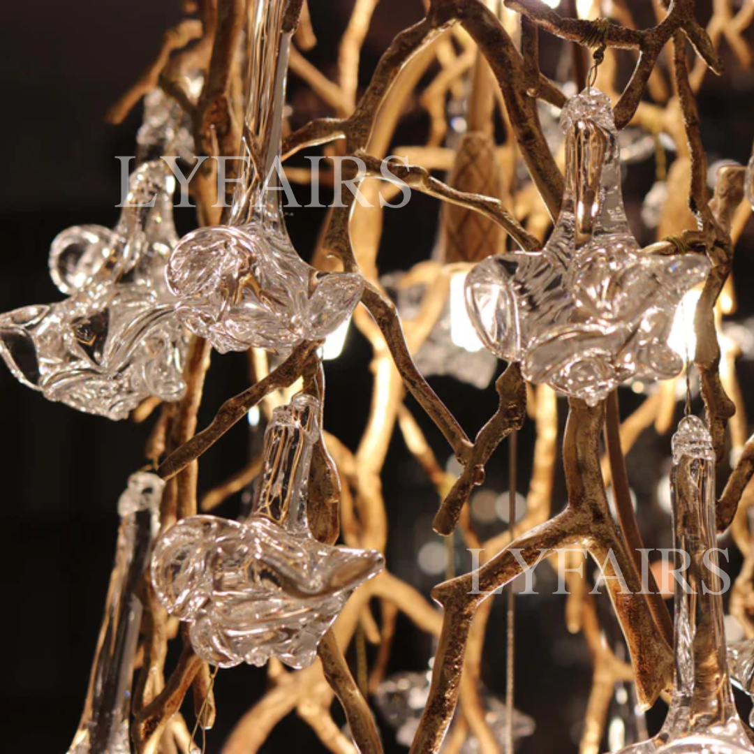 Nature-inspired Brass Tree Chandelier with Glazed Glass Flowers