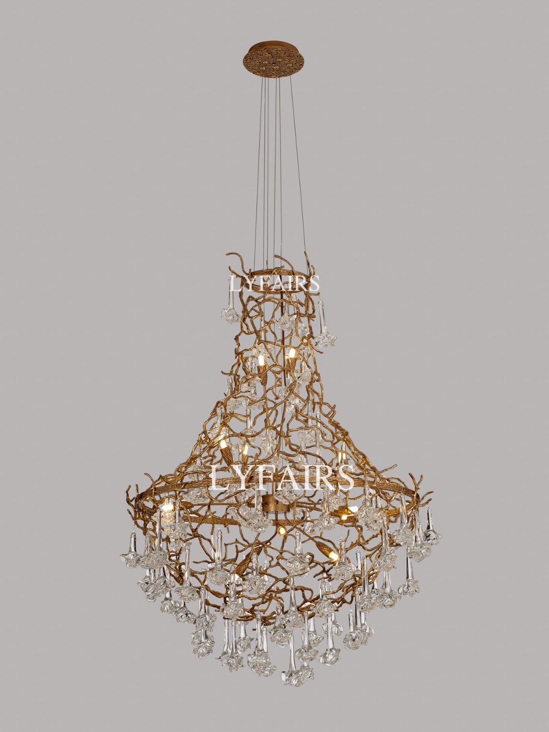 Nature-inspired Brass Tree Chandelier with Glazed Glass Flowers