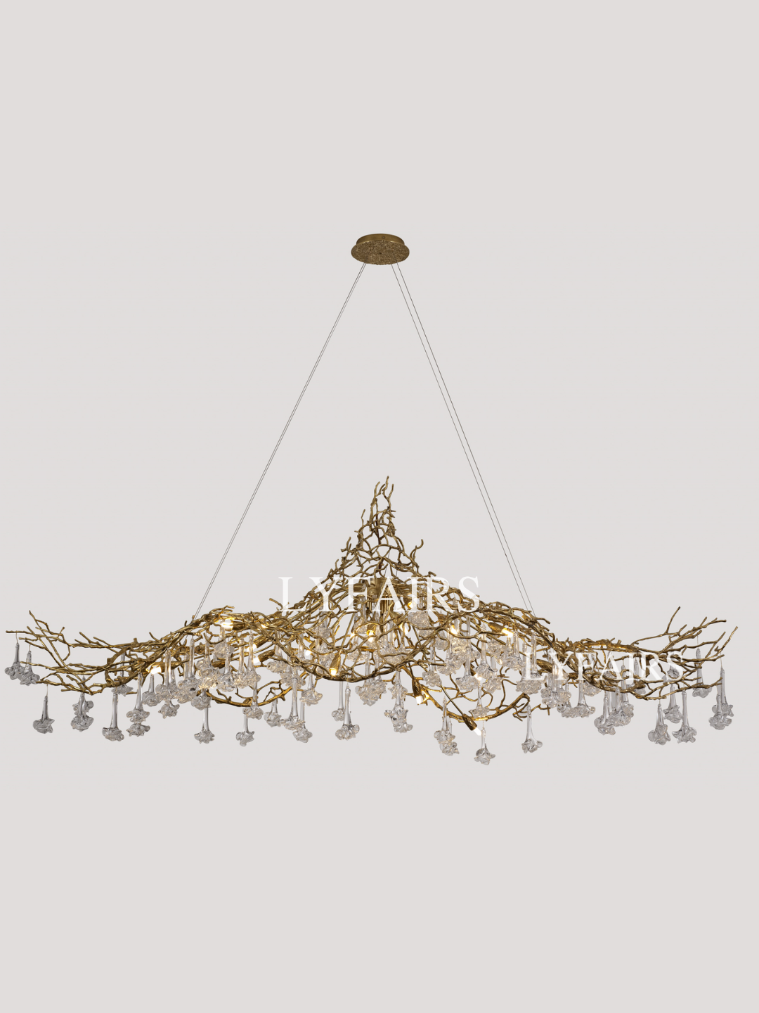 Nature-inspired Brass Tree Chandelier with Glazed Glass Flowers