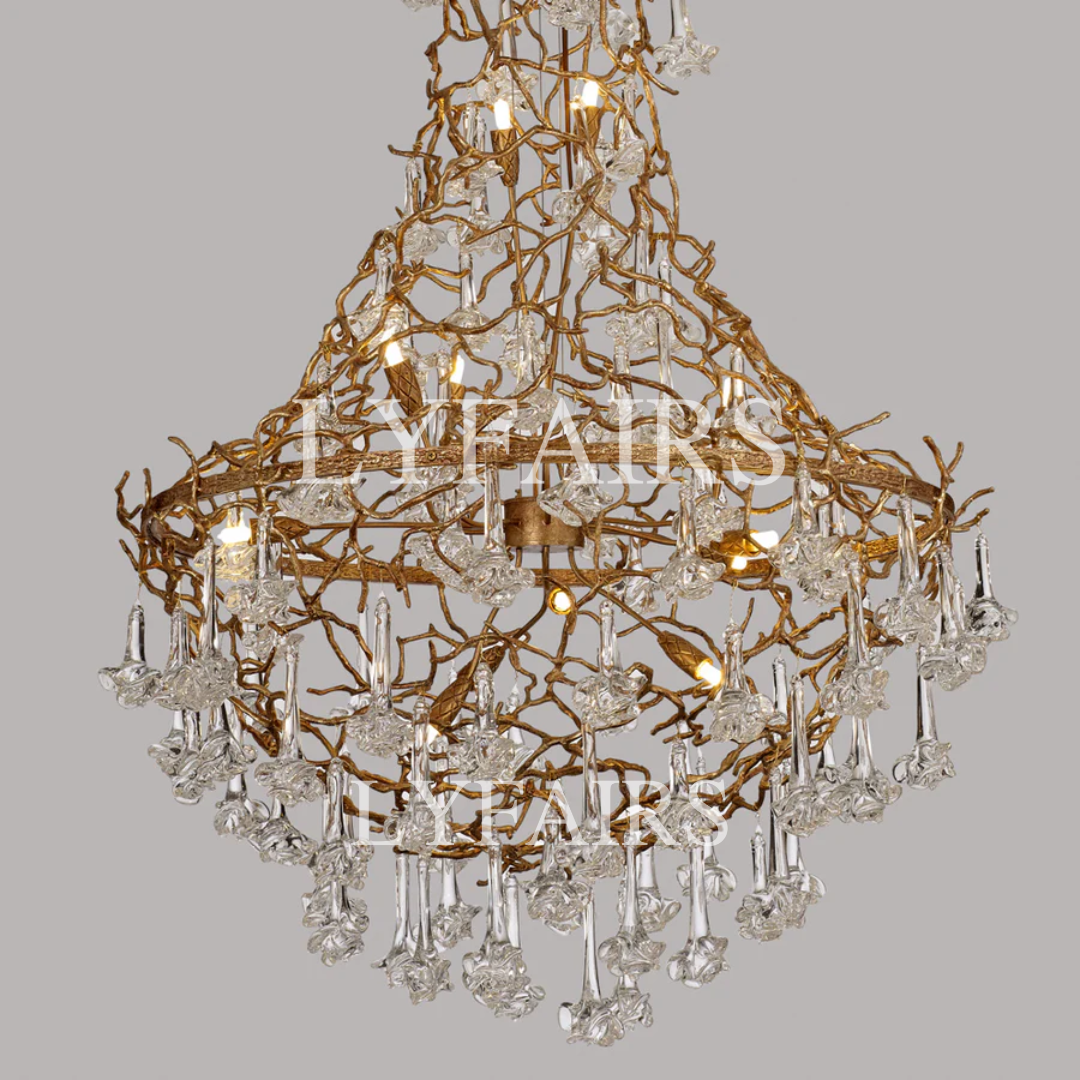 Nature-inspired Brass Tree Chandelier with Glazed Glass Flowers
