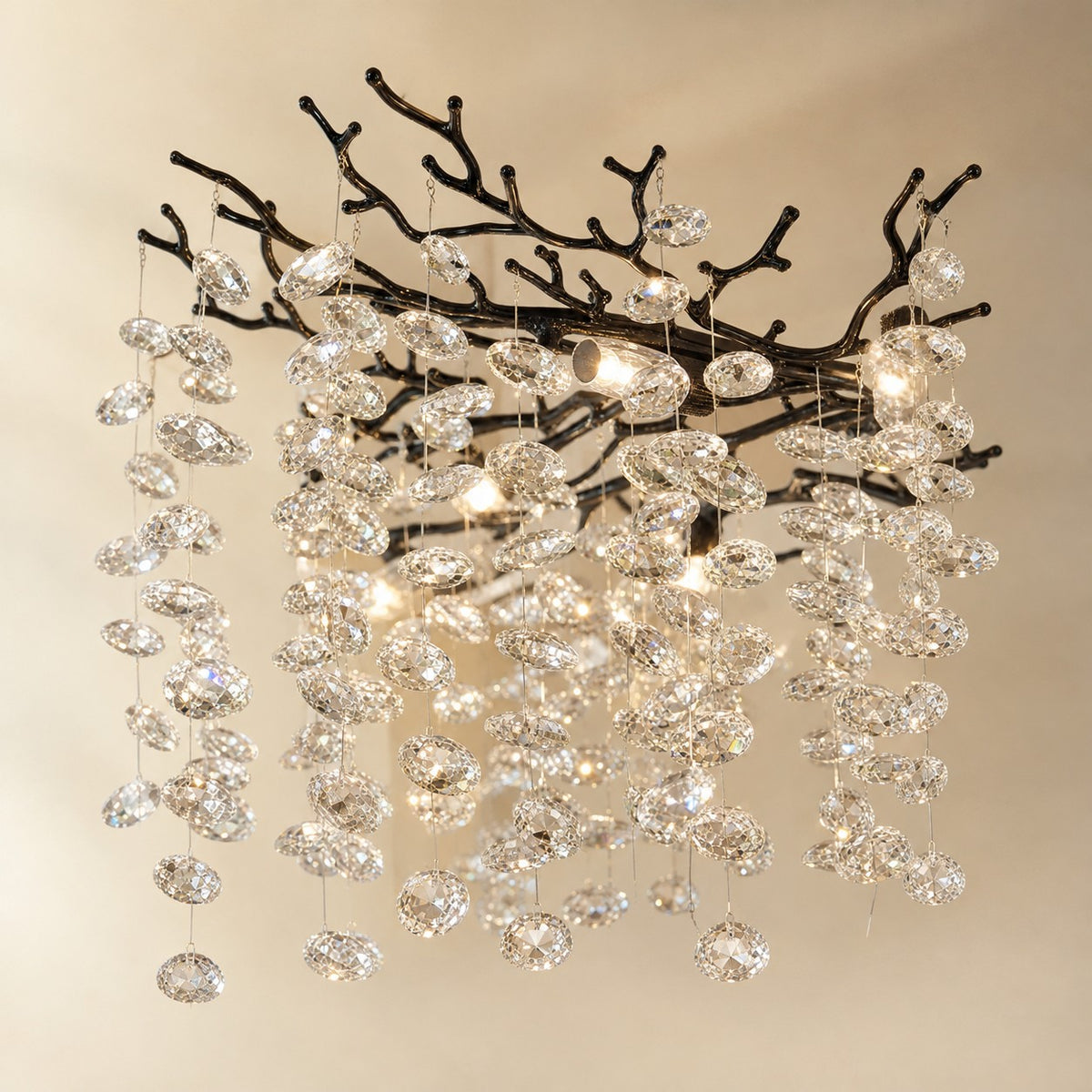 Matte Black Metal and Crystal Branch Chandelier