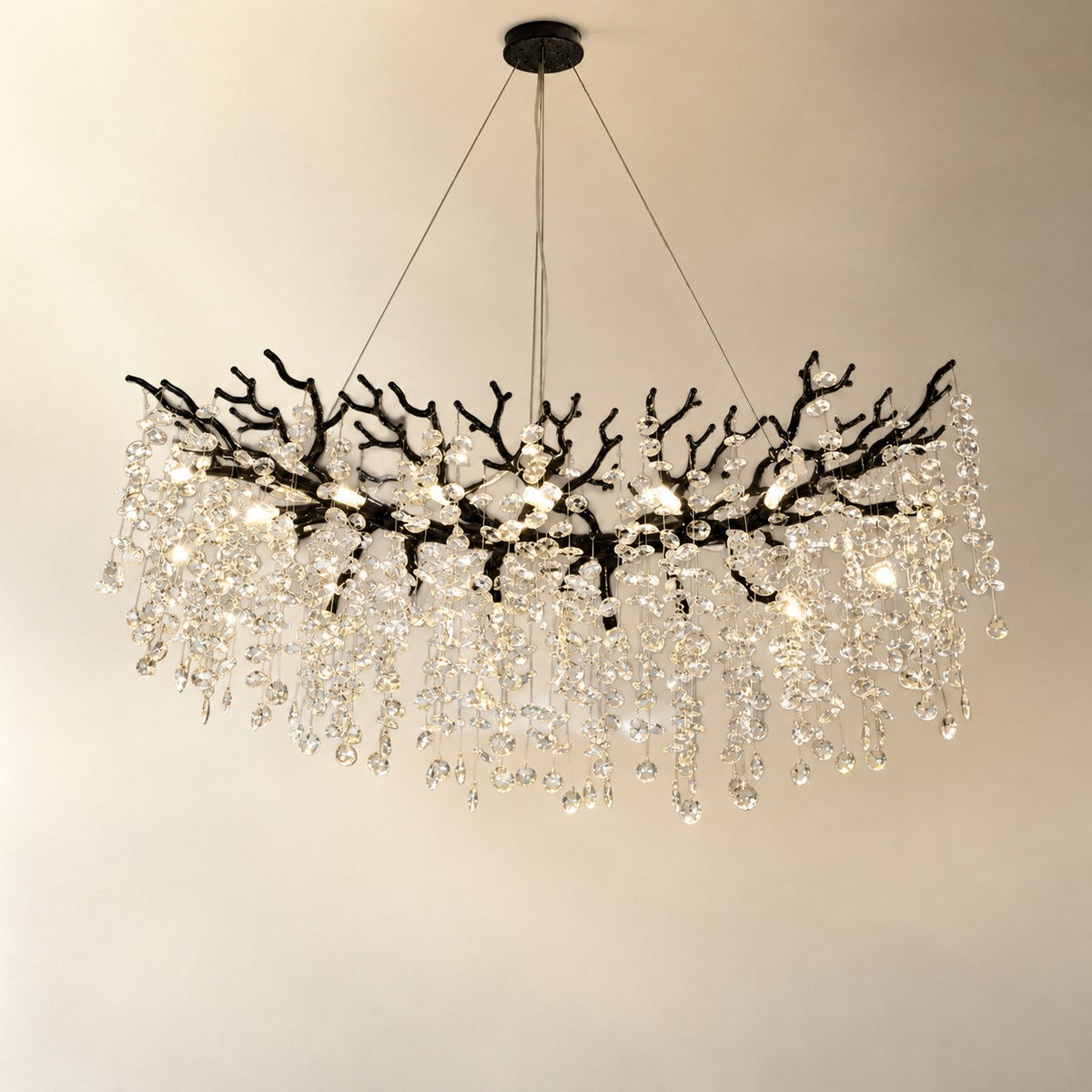 Matte Black Metal and Crystal Branch Chandelier
