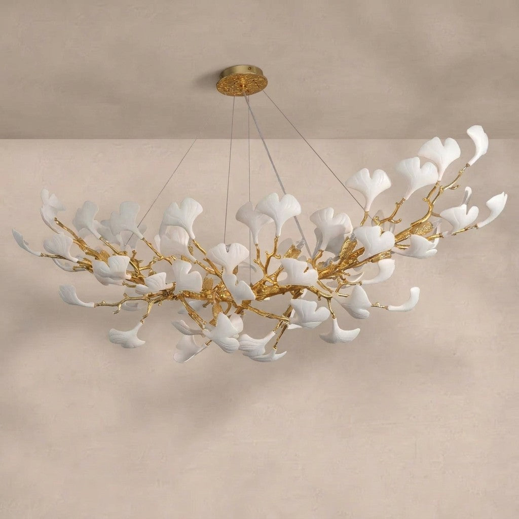 Modern Gold Tree Branch Chandelier for Dining Room, 55-inch Rectangle Ceramic Ginkgo Leaf Chandelier
