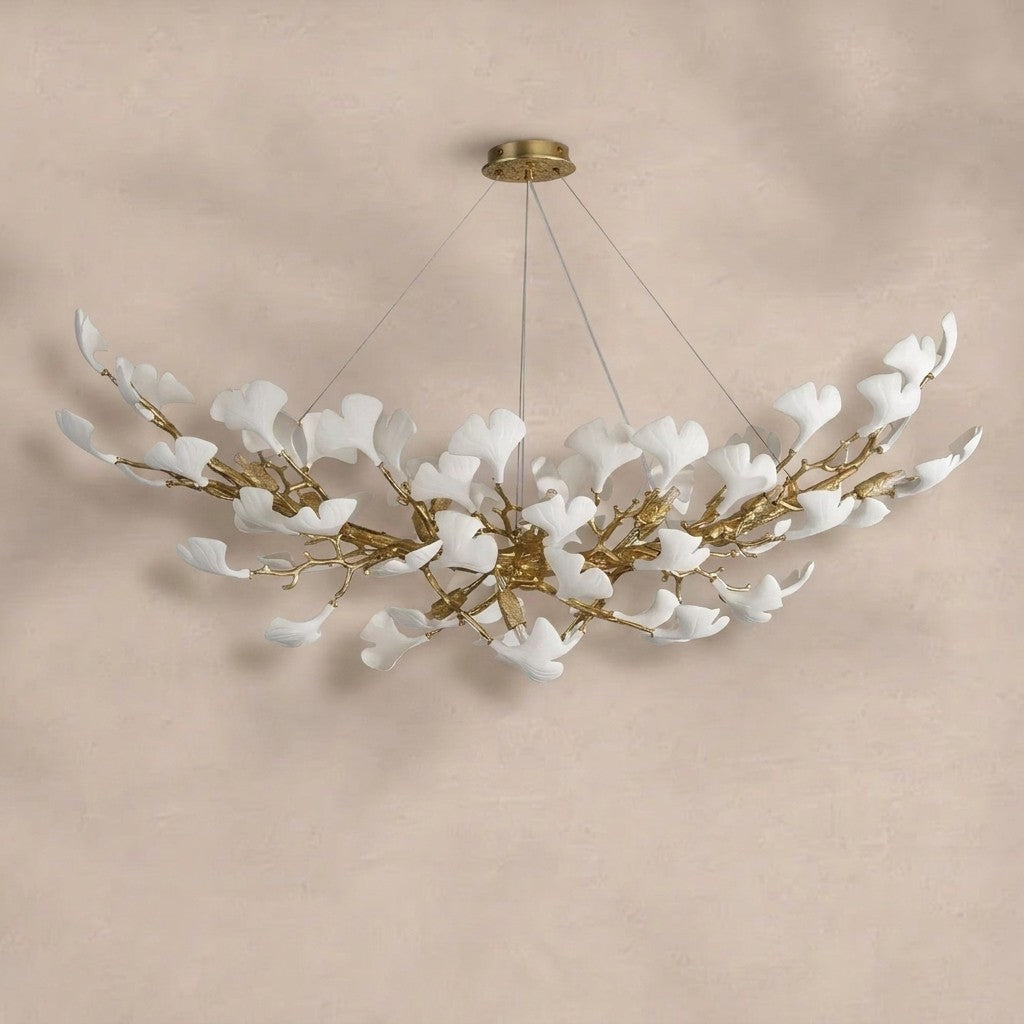 Modern Gold Tree Branch Chandelier for Dining Room, 55-inch Rectangle Ceramic Ginkgo Leaf Chandelier