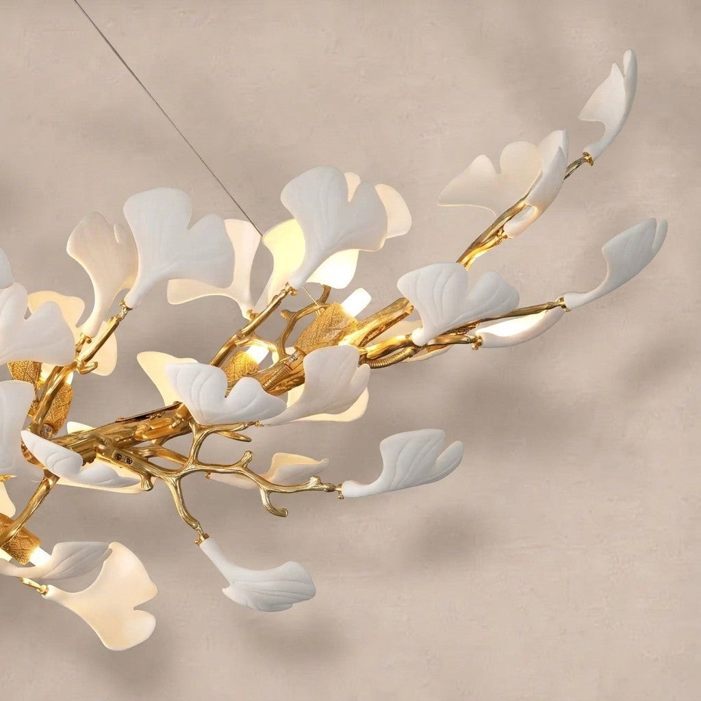 Modern Gold Tree Branch Chandelier for Dining Room, 55-inch Rectangle Ceramic Ginkgo Leaf Chandelier