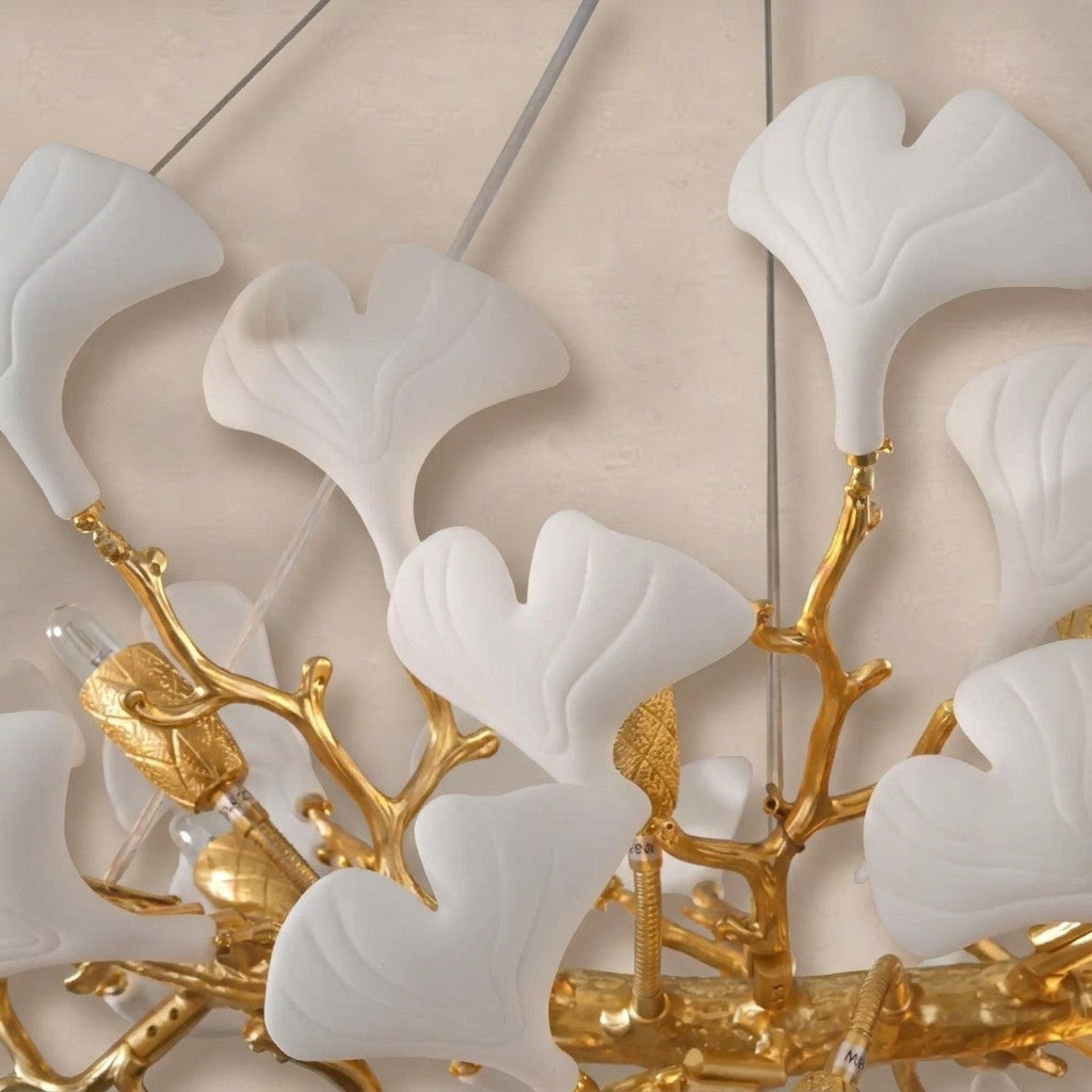 Modern Gold Tree Branch Chandelier for Dining Room, 55-inch Rectangle Ceramic Ginkgo Leaf Chandelier