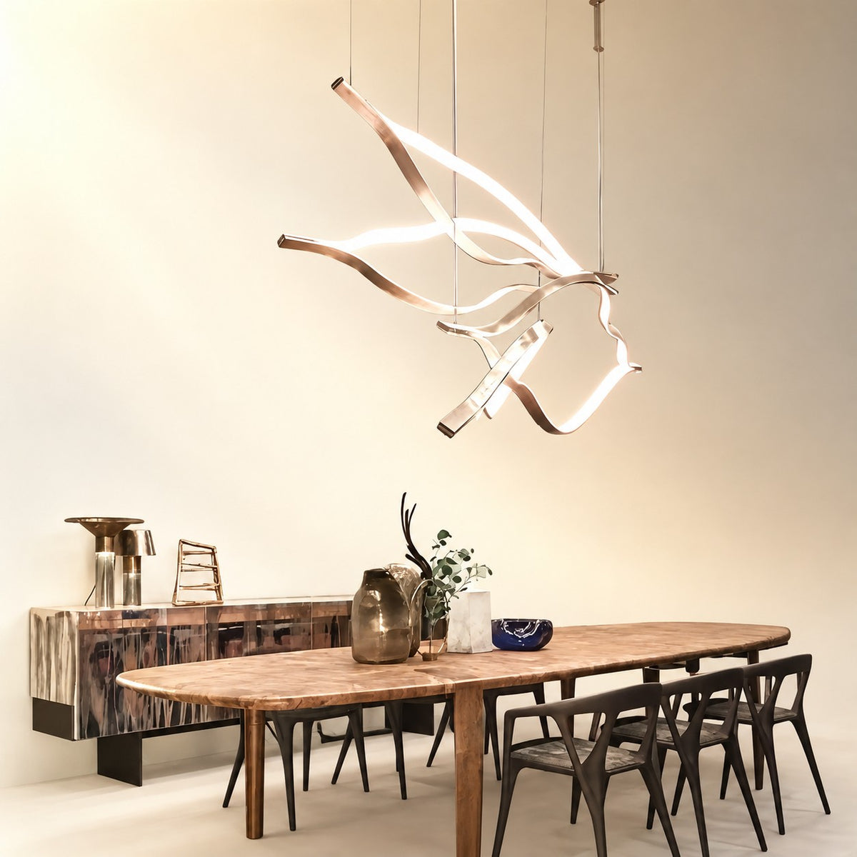 Modern Simple Brass Waving Chandelier for Living/Dining Room/Kitchen Island