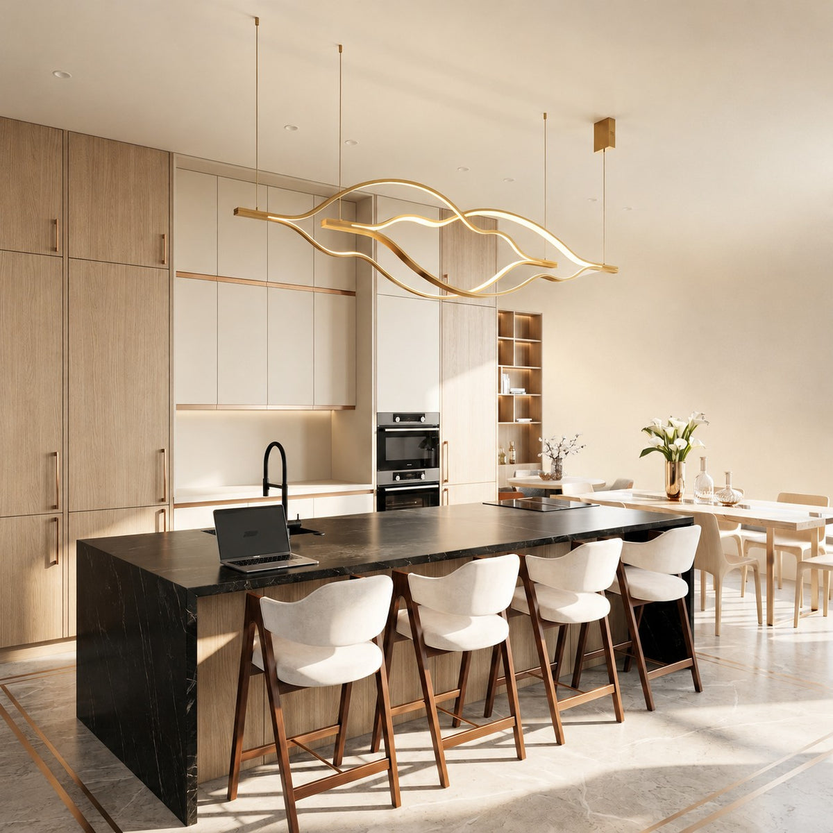 Modern Simple Brass Waving Chandelier for Living/Dining Room/Kitchen Island