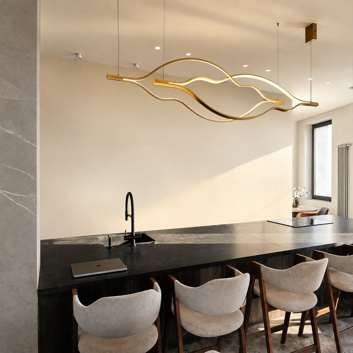 Modern Simple Brass Waving Chandelier for Living/Dining Room/Kitchen Island