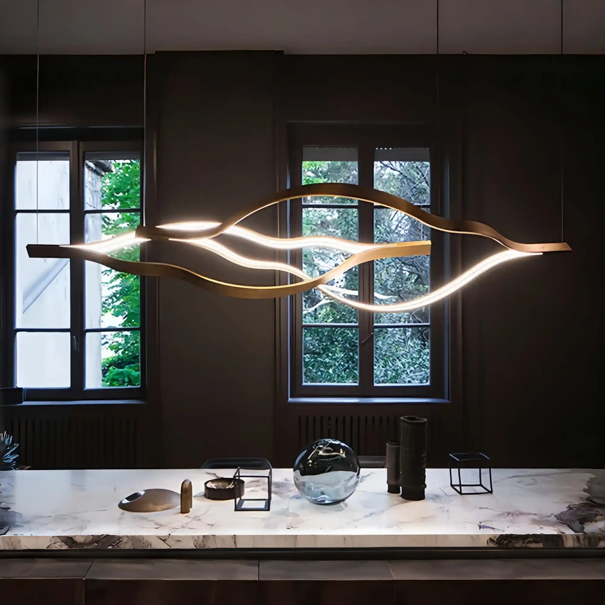 Modern Simple Brass Waving Chandelier for Living/Dining Room/Kitchen Island