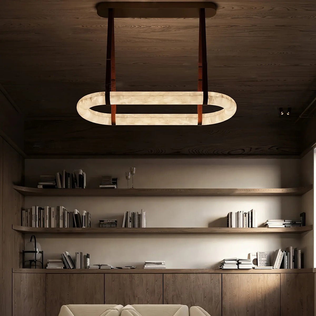 Oval Alabaster Ring Chandelier with Faux Leather Straps
