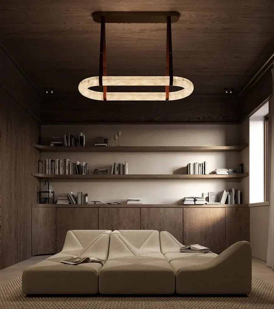 Oval Alabaster Ring Chandelier with Faux Leather Straps