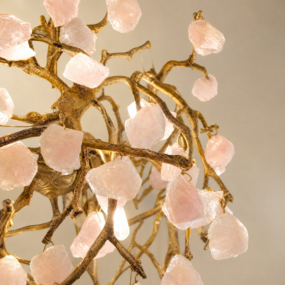 Rose Quartz Branching Crystal Chandelier in Warm Brass