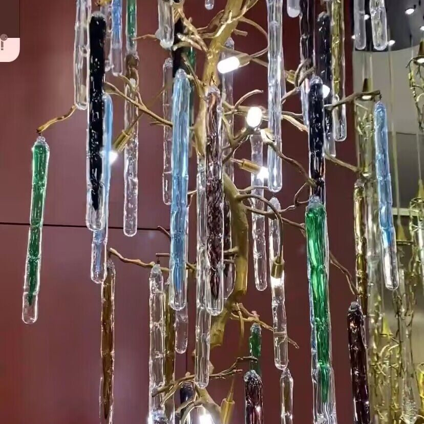 Modern Light Luxury Brass Branches Colored Glass Column Chandelier for Staircase/Living Room/High-ceiling Space