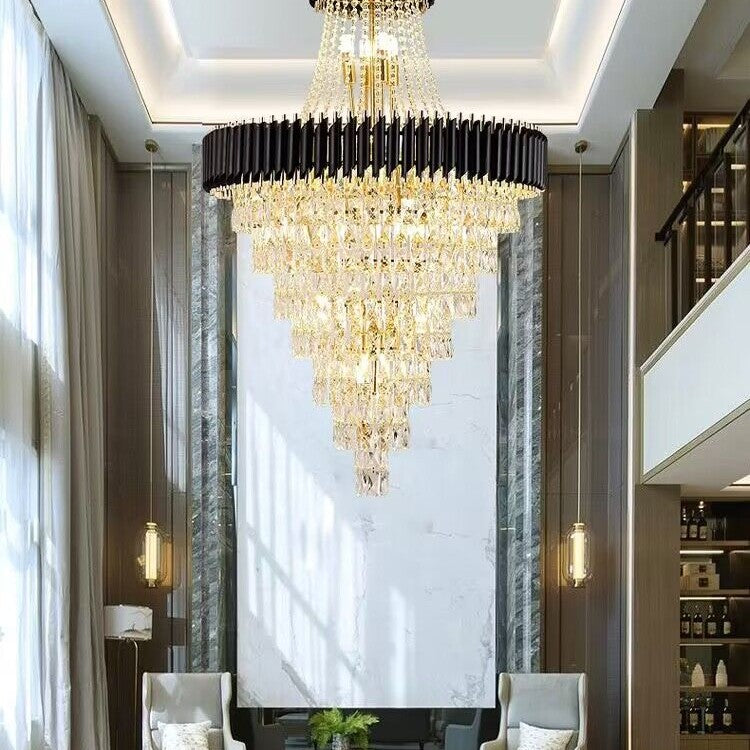 Extra Large Modern Multi-layers Gold/Black Light Luxury Crystal Chandelier For 2-Story Living Room,Foyer