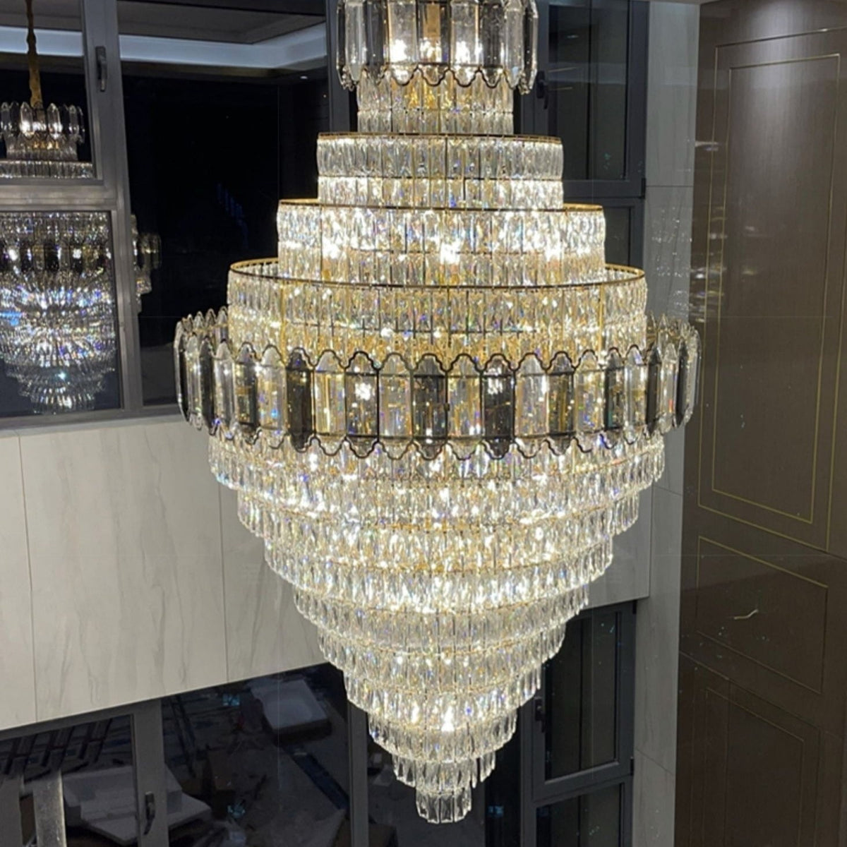 Large Staircase Crystal Chandelier Living Room Ceiling Light Fixture For Hotel Entrance In Gold Finish