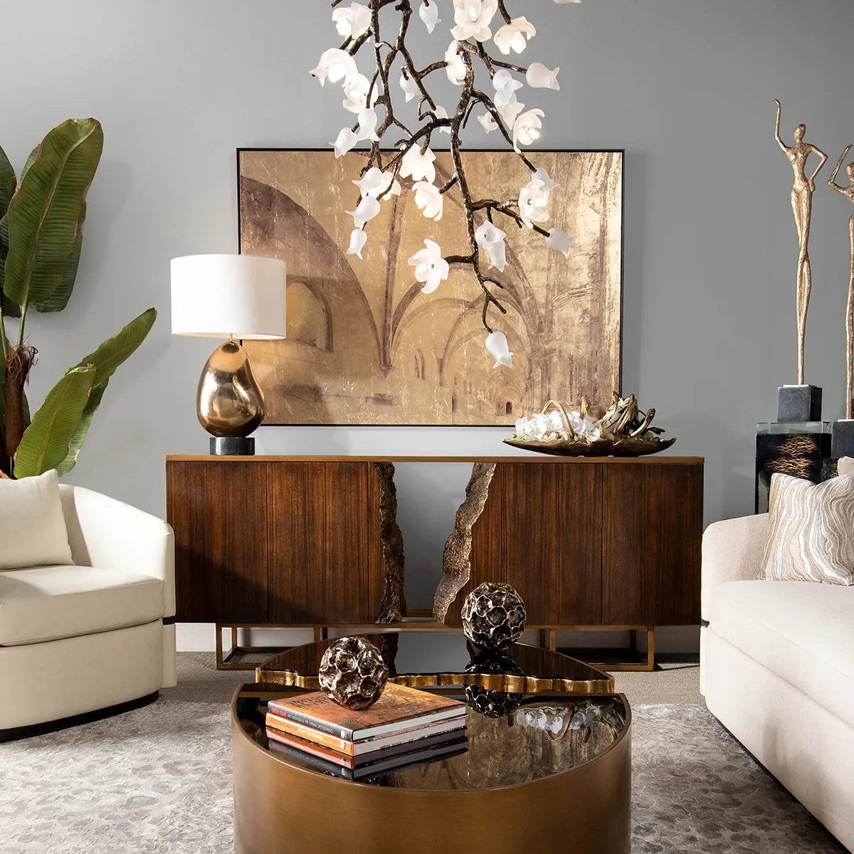 Churippu Branch Magnolia & Tulip Glass Bronze Vertical Twenty-One Light Chandelier