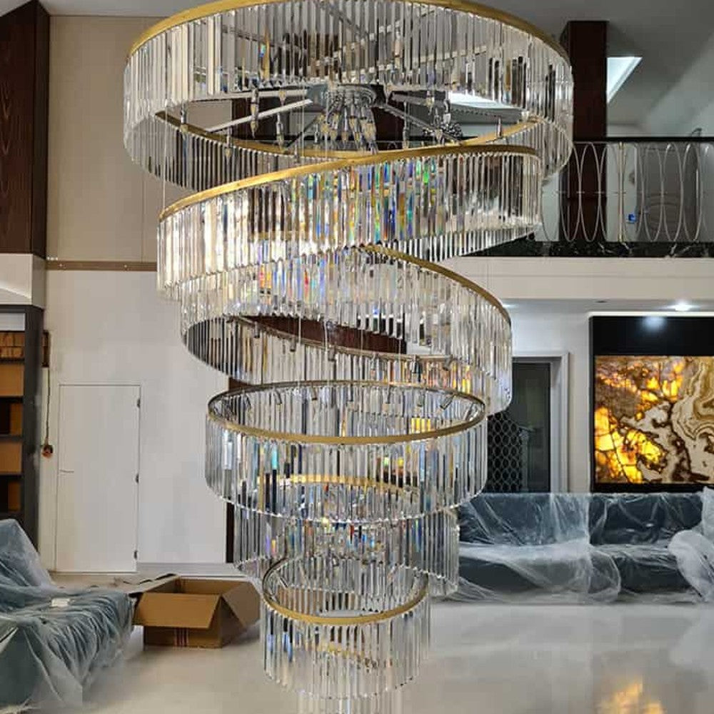 Luxury Floating Crystal Rings Chandelier in Gold Finish for High-ceiling