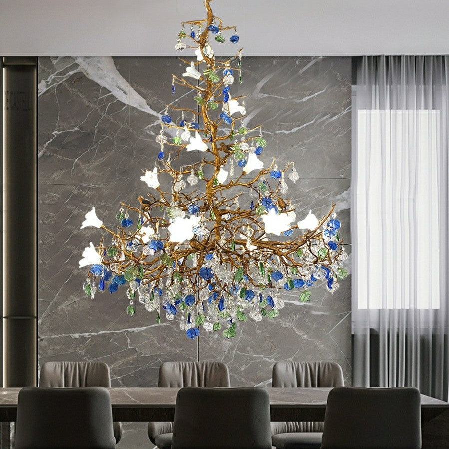 Stylish Colored Glaze Flower Crystal Chandelier Brass Tree Branch Ceiling Light For Living Room Hotel Hall
