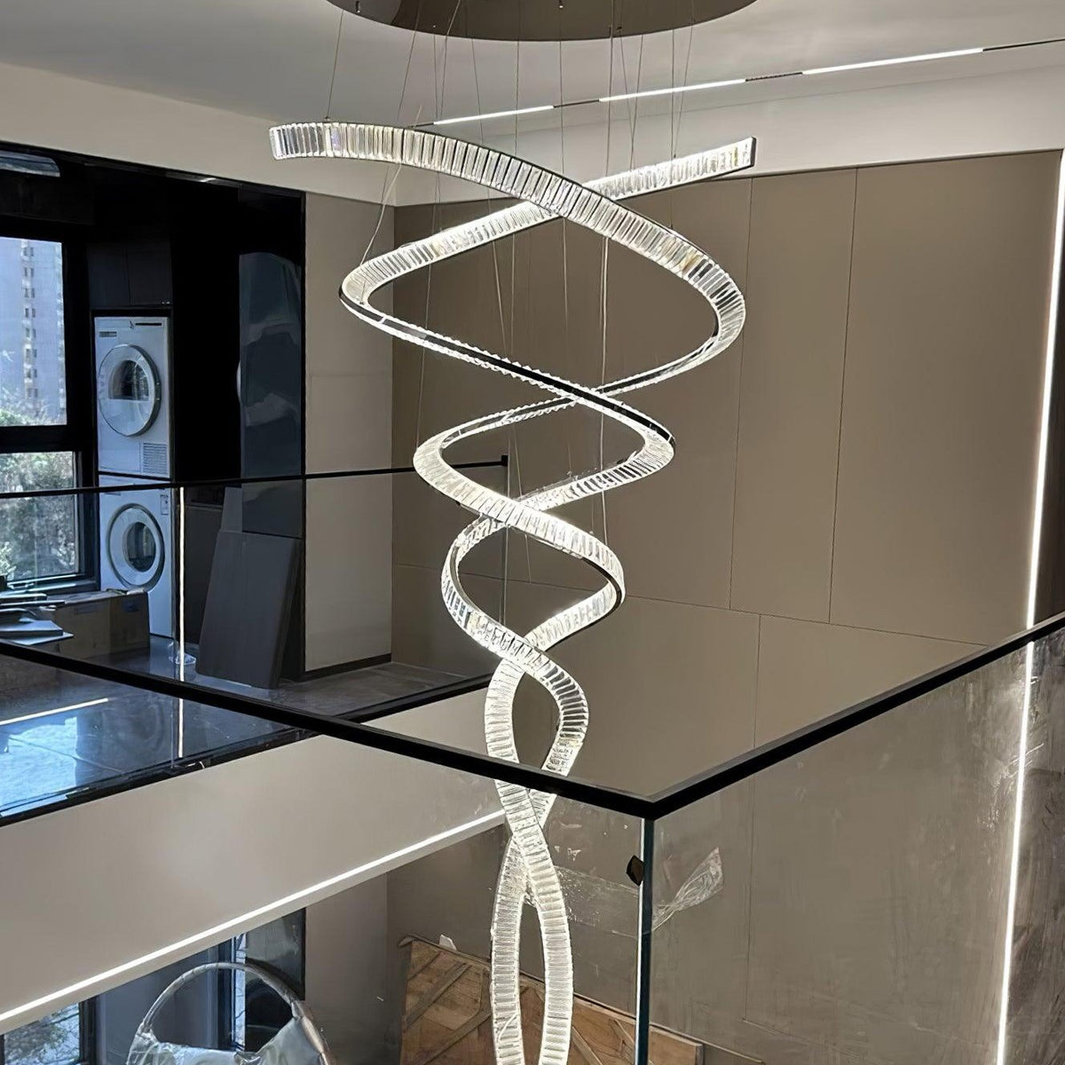 Long Spiral Crystal Chandelier with Stainless Steel Frame