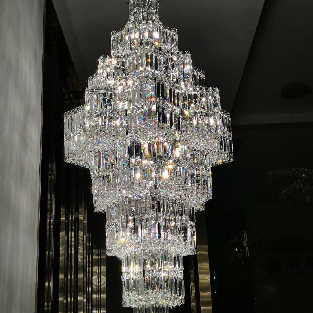 Extra Large Plaza Hall Multi-Tier Crystal Chandelier Foyer Living Room Staircase Ceiling Lighting Fixture In Chrome/ Silver Finish
