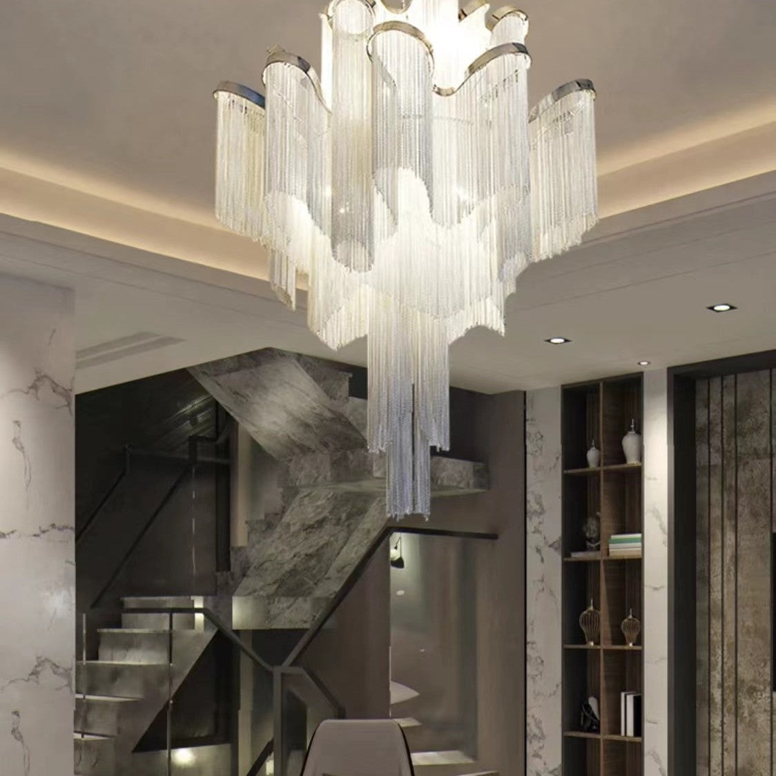 Post-Modern Extra Large Stainless Steel Long Tassel Chandelier for Large Living Room / Staircase / Villa / Duplexes