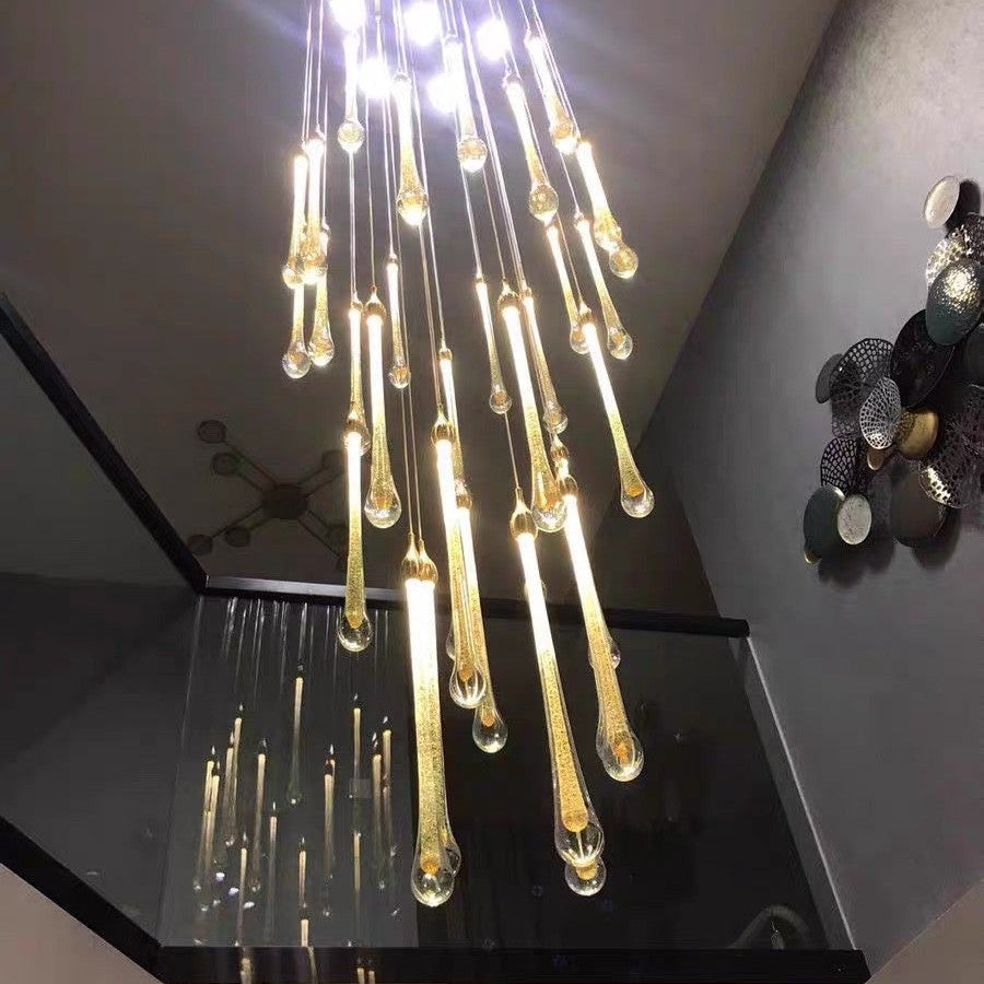 Foyer Glass Drops Pendant Chandelier Spiral Staircase High Ceiling Light Fixture In Gold Finish